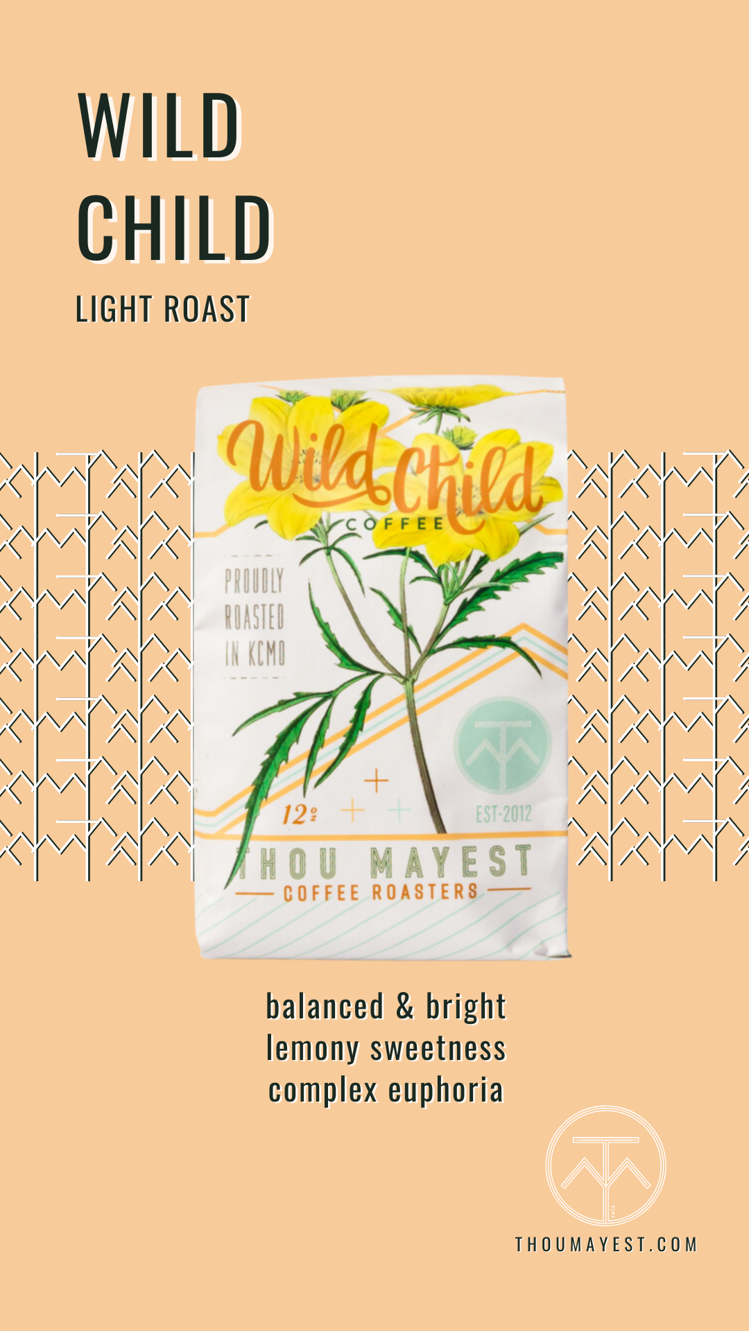 Image of our Wild Child coffee bag with description - light roast, balanced & bright, lemony sweetness, complex euphoria. Click the image to view the product page.